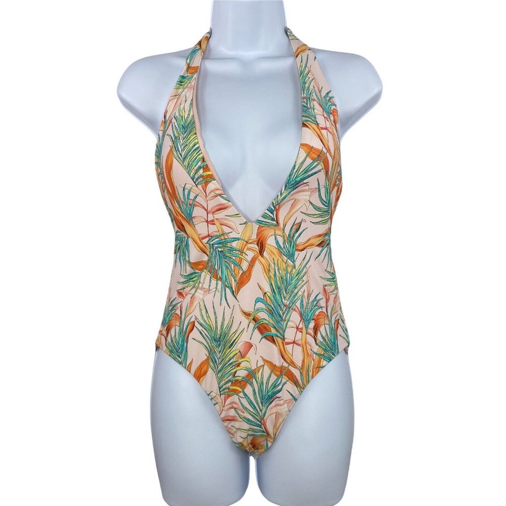 Basta‎ Surf Women’s Pink Floral Print One Piece Swimsuit Plunging Halter L -Read